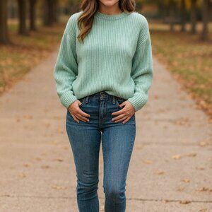 JOIE Braided Ribbed Knit Cashmere Wool Crop Sweater Tiffany Green S Small